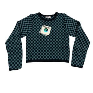 NWT Daydreamer Teal Check Long Sleeeved Cropped Sweater